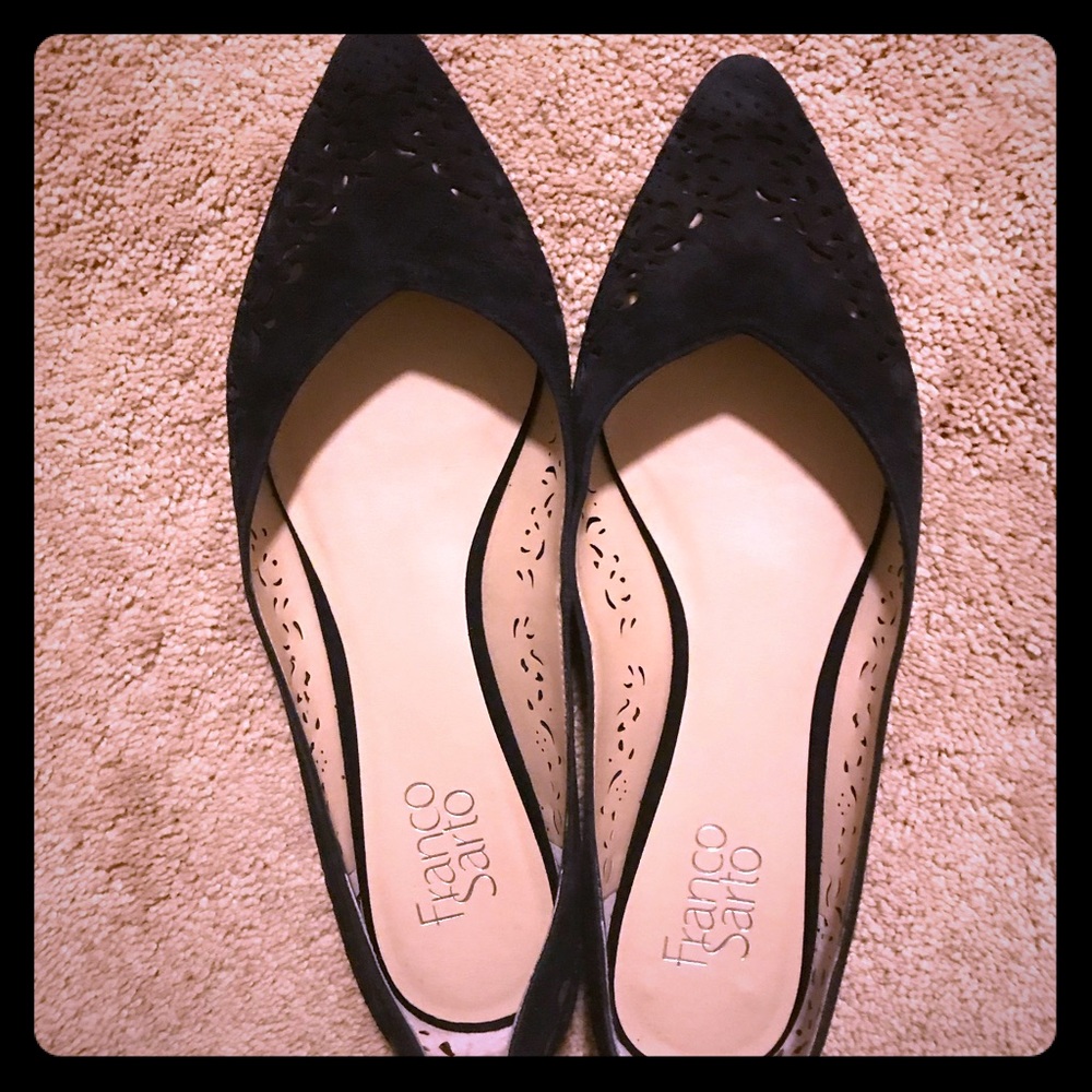 Franco Sarto black open embroidered flats.